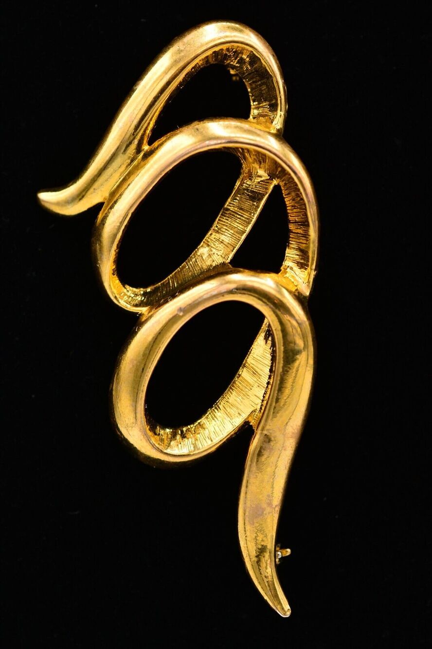 Vintage Pin Brooch Shiny Gold Tone Swirl Ribbon Chunky Heavy Textured 1980s Bin4
